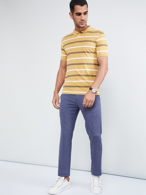max Men Yellow & Grey Striped Polo Collar T-shirt