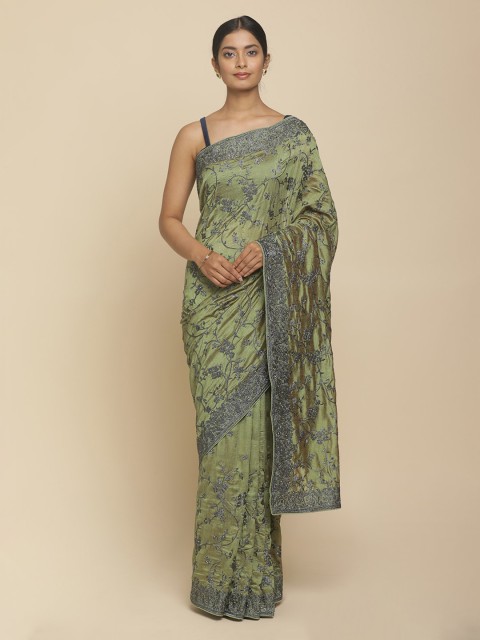 

Koskii Green & Grey Art Silk Embroidered Saree
