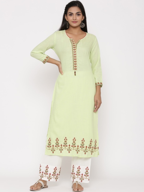 

WomenMagic Women Green & White Solid Kurta with Trousers