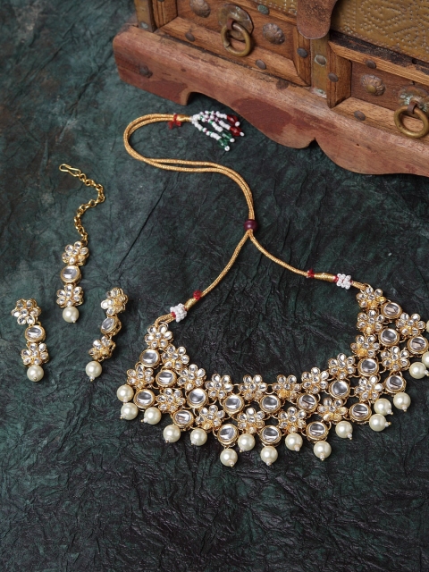 

Shining Diva Gold-Plated White & Beige Kundan Studded Beaded Antique Jewellery Set