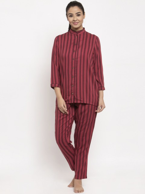 

Aujjessa Women Burgundy & Black Striped Night suit
