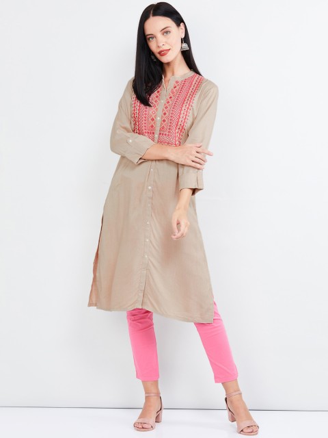 

max Women Beige & Pink Yoke Design Straight Kurta