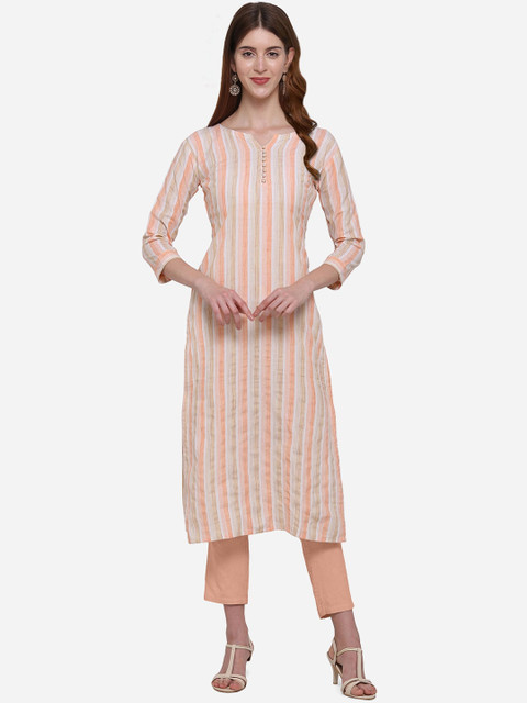 

Kvsfab Women Orange & Beige Striped Straight Kurta