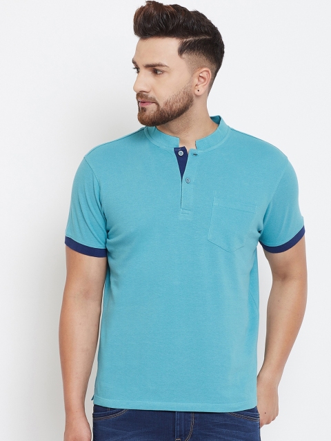 

Canary London Men Turquoise Blue Solid Mandarin Collar T-shirt