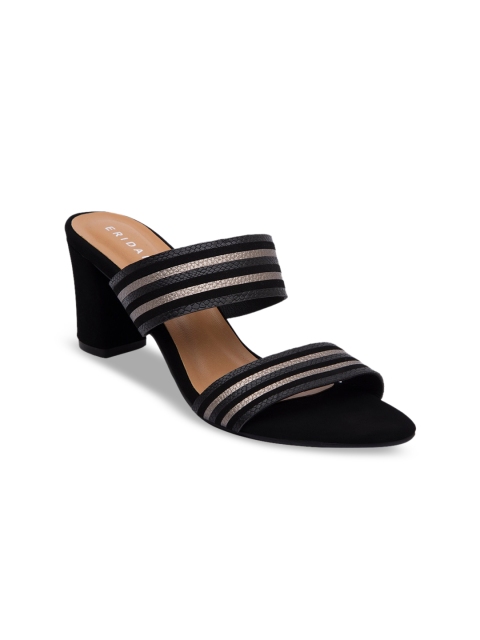 

ERIDANI Women Black & Silver-Toned Striped Sandals