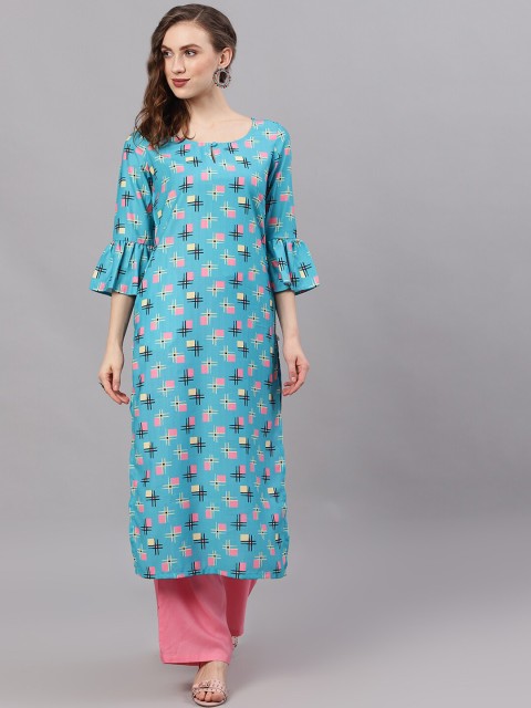 

AKS Women Blue & Pink Printed Straight Kurta
