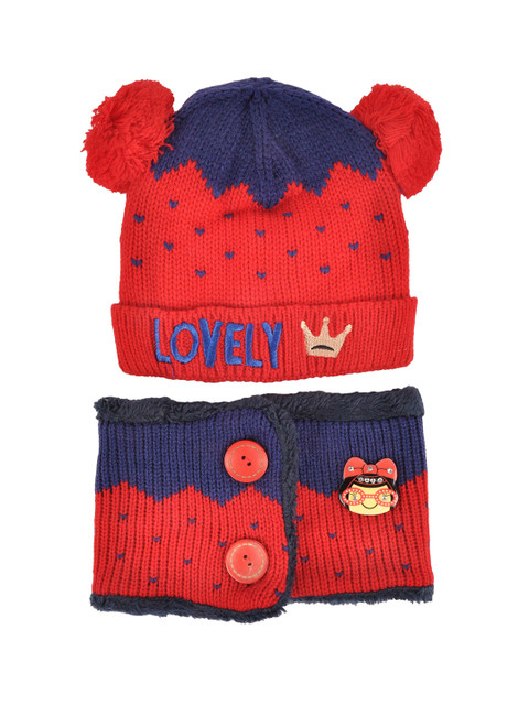 

Yellow Bee Girls Red & Blue Embroidered Beanie and Scarf Set