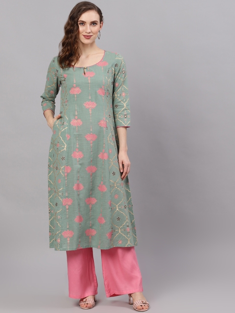 

AKS Women Green & Pink Printed Straight Kurta