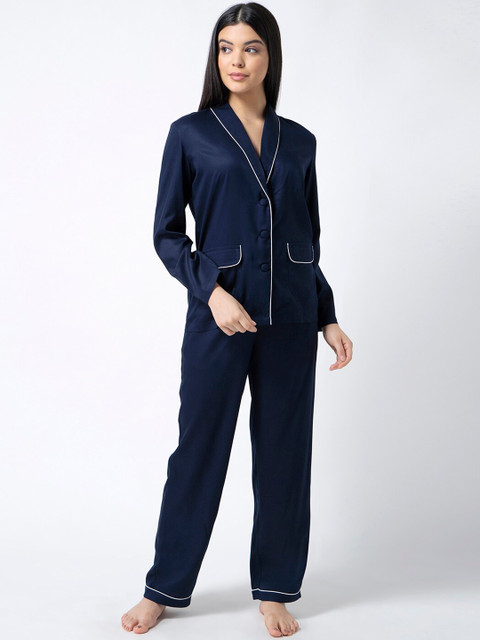 

ADORENITE Women Navy Blue Solid Night suit