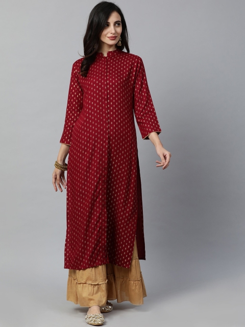 

Indo Era Women Maroon Foil Printed A-Line Kurta