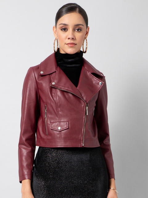 

FabAlley Women Maroon Solid Lightweight Biker Jacket