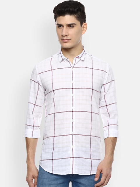 

V Dot Men White & Brown Skinny Fit Checked Casual Shirt