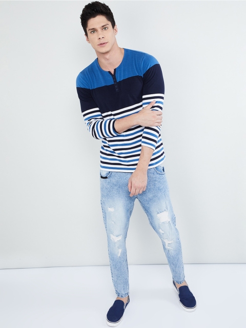 

max Men Blue & White Striped Henley Neck T-shirt