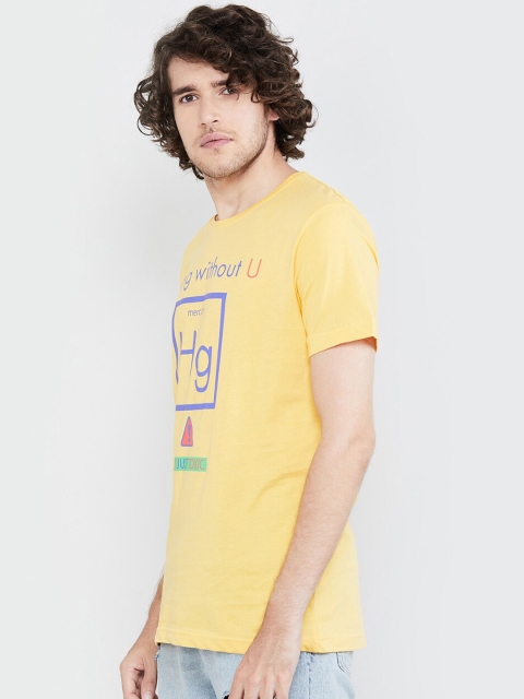 

max Men Yellow Printed Round Neck Pure Cotton T-shirt