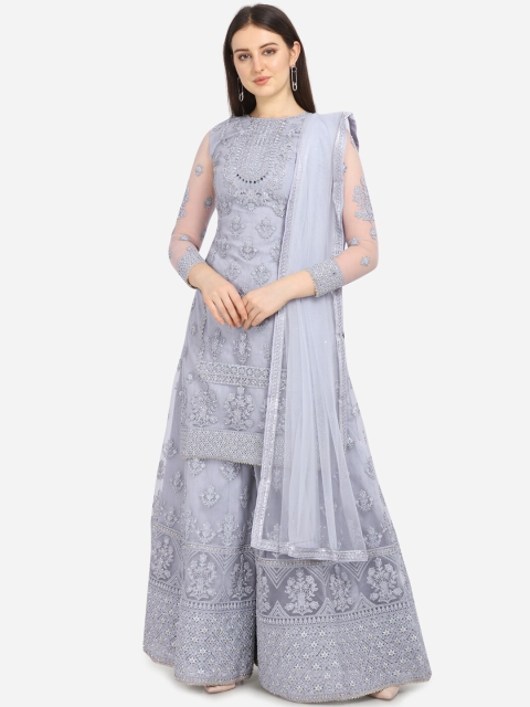 

Stylee LIFESTYLE Grey Net Semi-Stitched Dress Material