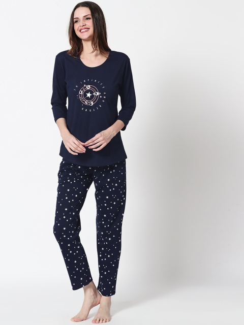 

Zeyo Women Navy Blue & White Printed Night suit