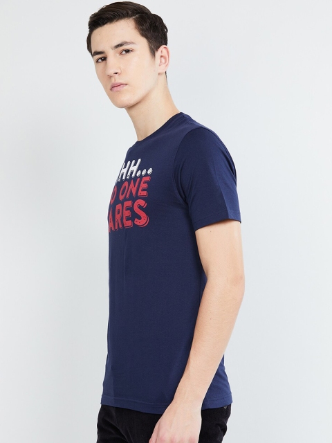

max Men Blue Printed Round Neck T-shirt