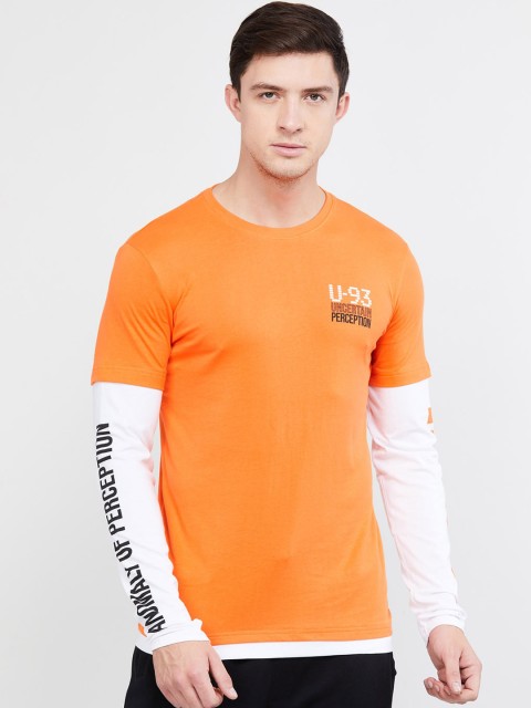 

max Men Orange Printed Round Neck T-shirt