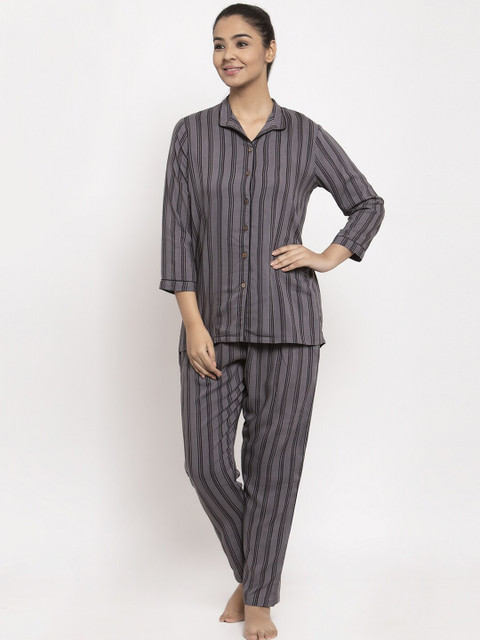 

Aujjessa Women Grey & Black Striped Night suit