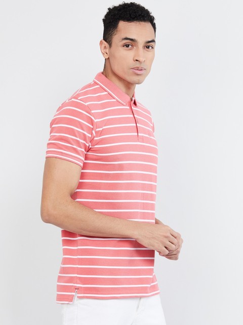 

max Men Pink & White Striped Polo Collar T-shirt