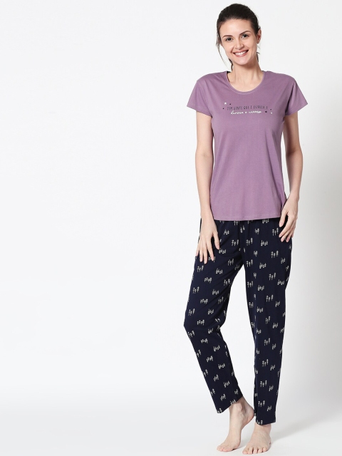 

Zeyo Women Purple & Navy Blue Printed Night suit