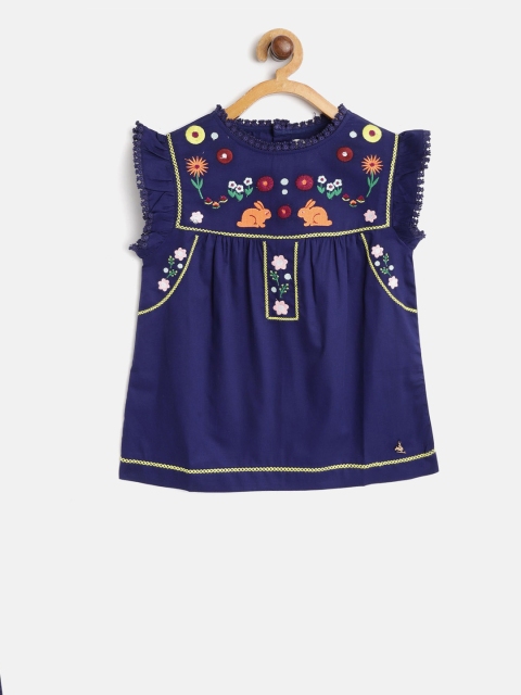 

Cherry Crumble Girls Blue Embroidered Top