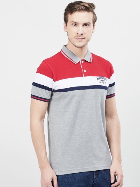 

max Men Red & Grey Colourblocked Polo Collar T-shirt