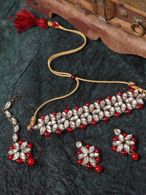 

Shining Diva Women Red Gold-plated Kundan Necklace Set