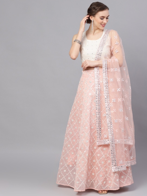 

AKS White & Pink Embellished Ready to Wear Lehenga & Blouse with Dupatta