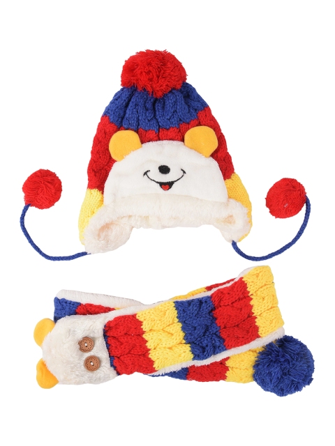 

Yellow Bee Kids Red & Blue Colourblocked Beanie with Scarf