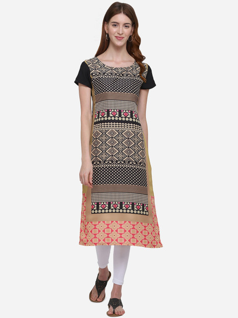 

Kvsfab Women Black & Pink Printed Straight Kurta