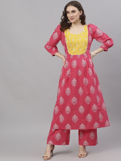 

AKS Women Pink & Yellow Yoke Design Anarkali Kurta
