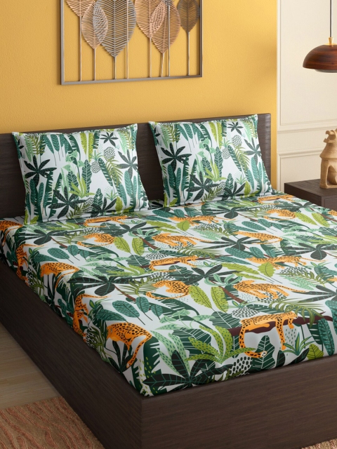 

PETAL HOME White & Green Floral 300 TC Cotton 1 Queen Bedsheet with 2 Pillow Covers
