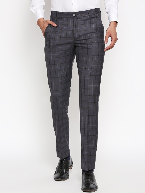 

Solemio Men Charcoal Grey & Black Slim Fit Checked Formal Trousers
