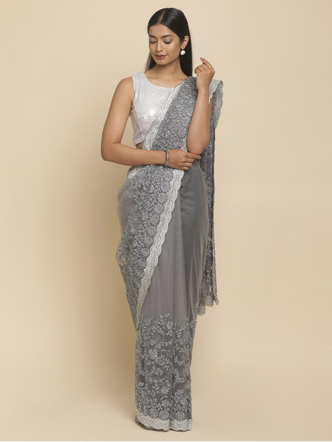 

Koskii Grey Embroidered Net Saree