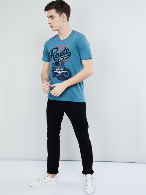 

max Men Blue Printed Round Neck T-shirt
