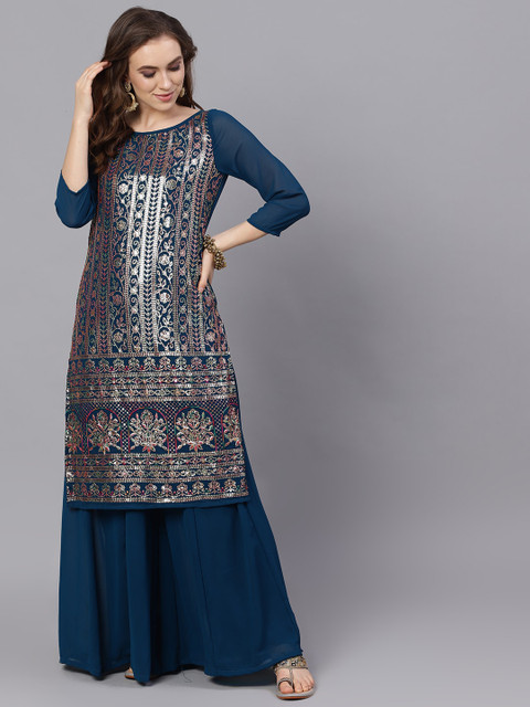 

AKS Women Navy Blue Printed Kurta with Palazzos