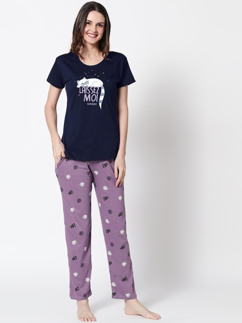 

Zeyo Women Navy Blue & Purple Printed Night suit
