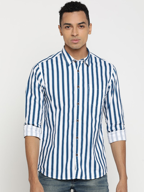

Pepe Jeans Men Blue & White Regular Fit Striped Casual Shirt