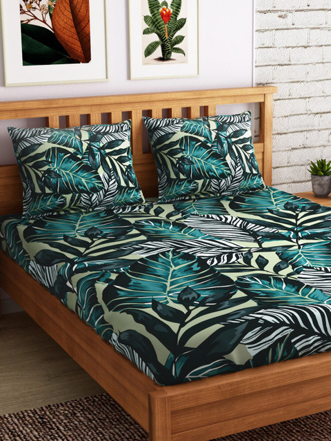 

PETAL HOME Grey & Green Floral 300 TC Cotton 1 Queen Bedsheet with 2 Pillow Covers