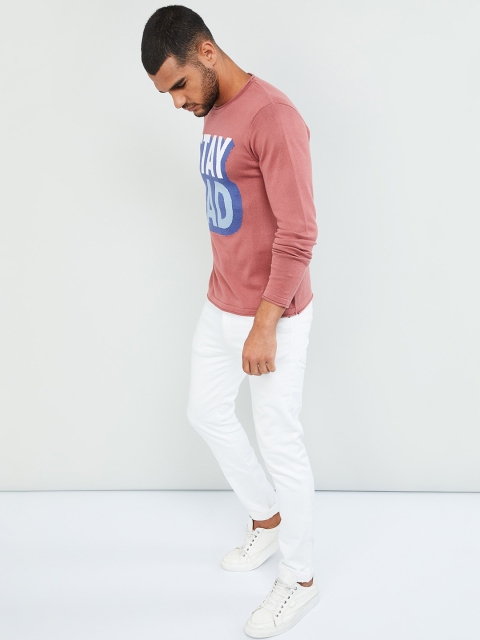 

max Men Pink Printed Round Neck T-shirt