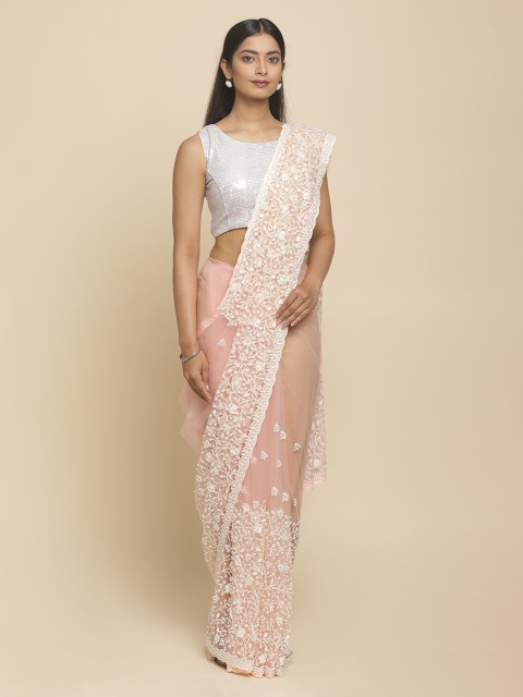 

Koskii Pink & Beige Net Embroidered Saree