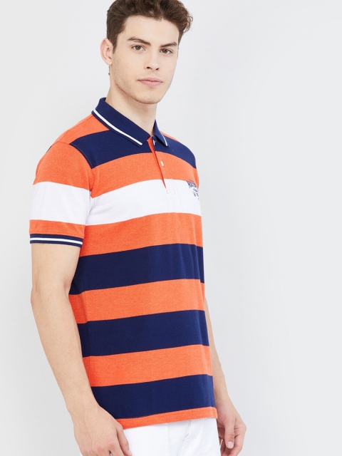 

max Men Orange & Blue Striped Polo Collar T-shirt