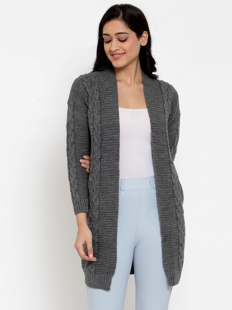 

Kalt Women Grey Self Design Front-Open Sweater