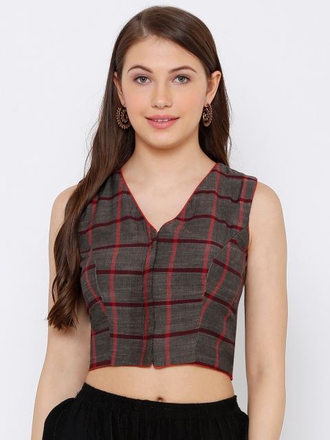 

SALWAR STUDIO Women Grey & Red Checked Readymade Saree Blouse