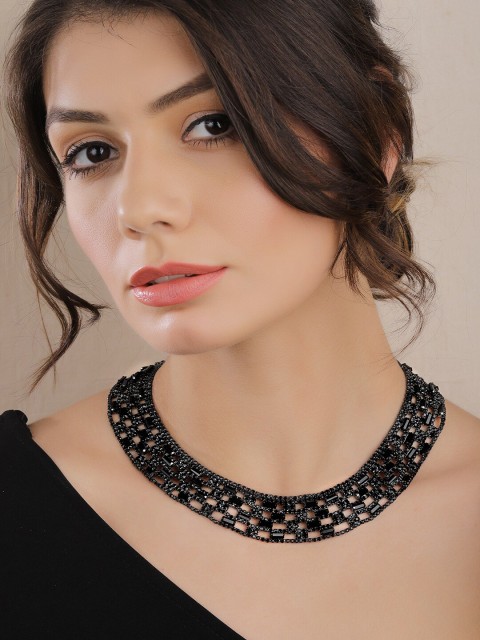 

Rubans Black Metal Handcrafted Rhinestone Necklace