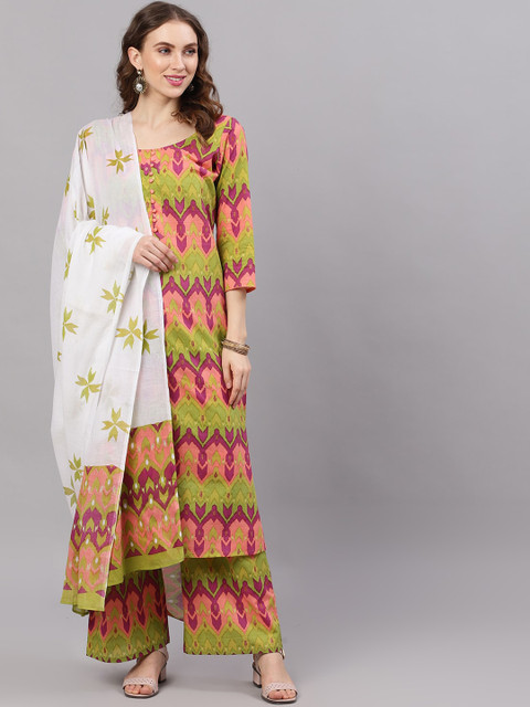 

AKS Women Green & Pink Ikat Printed Kurta with Palazzos & Dupatta