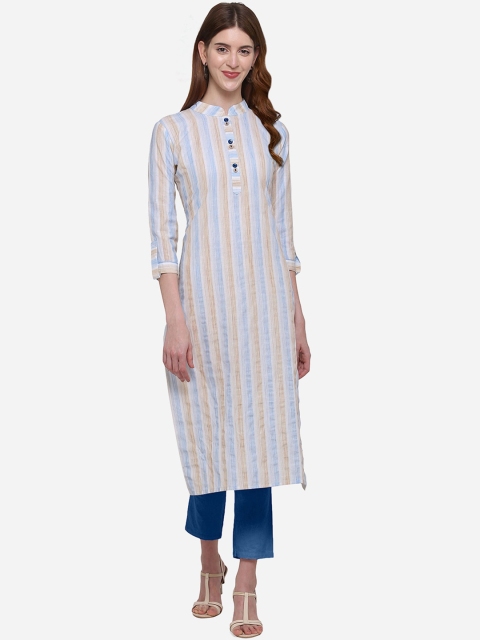 

Kvsfab Women Blue & Beige Striped Straight Kurta