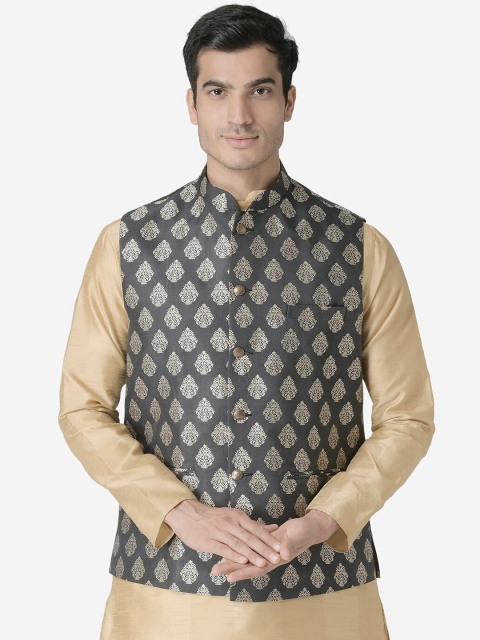 

TABARD Men Charcoal Grey & White Woven Design Nehru Jacket