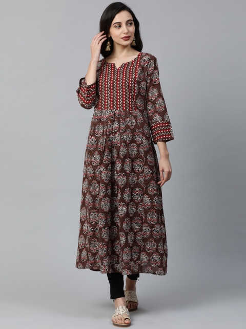 

Indo Era Women Brown & Red Yoke Design Straight Kurta